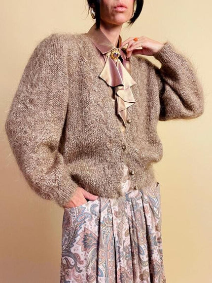 Cardigan in lana e mohair color nocciola
