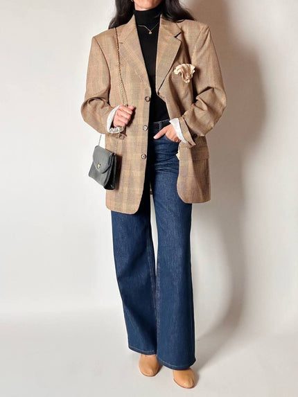 Blazer vintage oversize in fresco di lana principe di Galles beige e marrone con pochette in seta Vincam