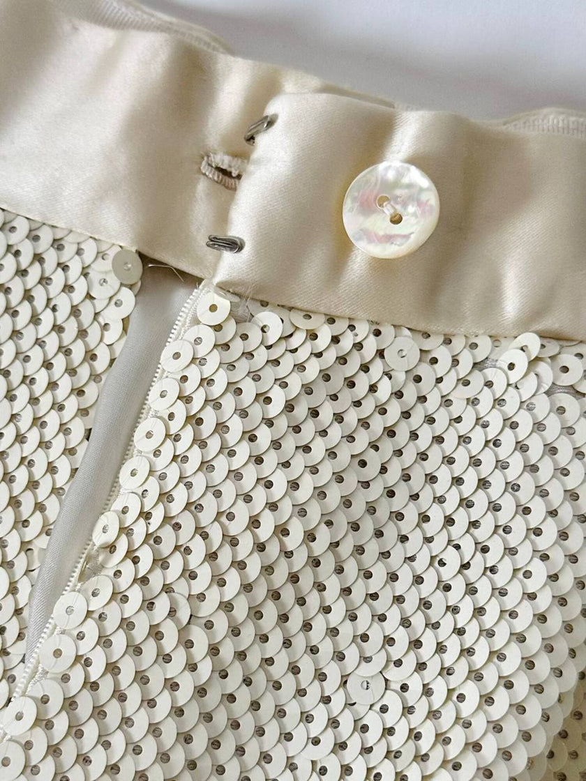 Vintage cream sequin-embroidered palazzo pants