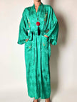 Green rayon jacquard kimono robe with multicolor embroidery