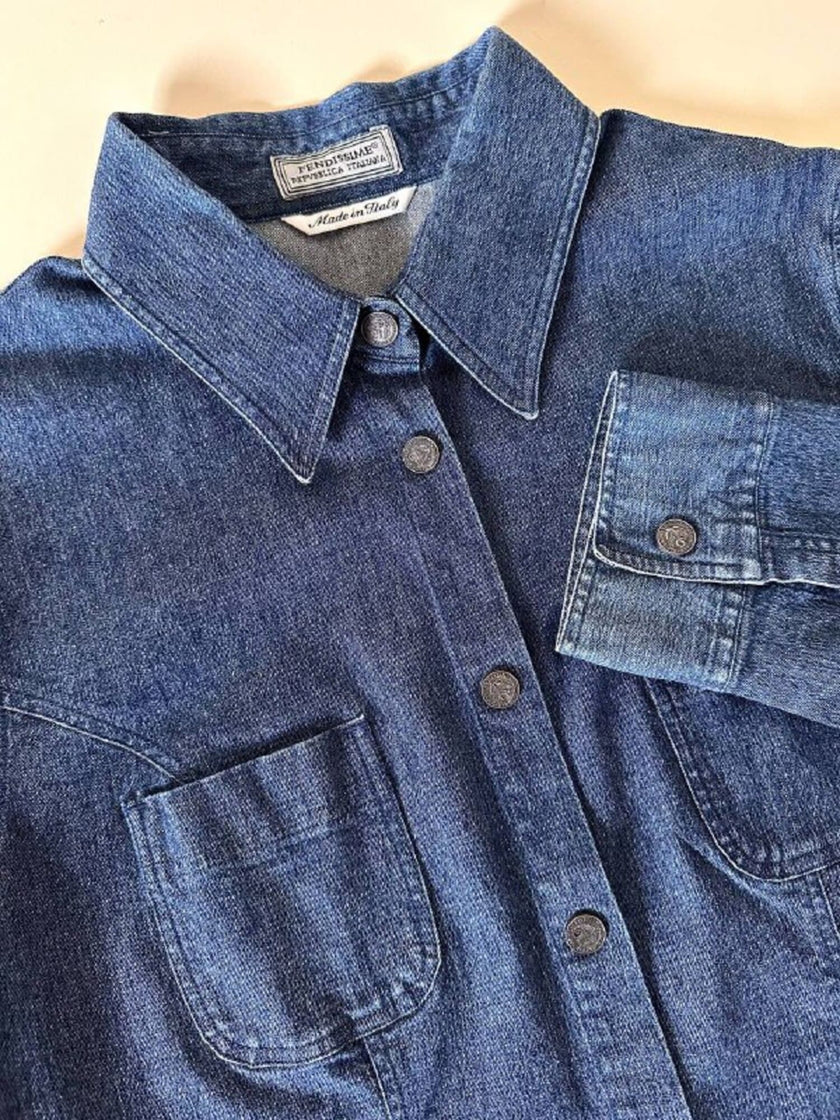 Camicia Fendissime in denim blu con bottoni  moneta da 10 lire