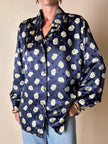 Camicia in raso di seta Jaquard blu notte fantasia margherite