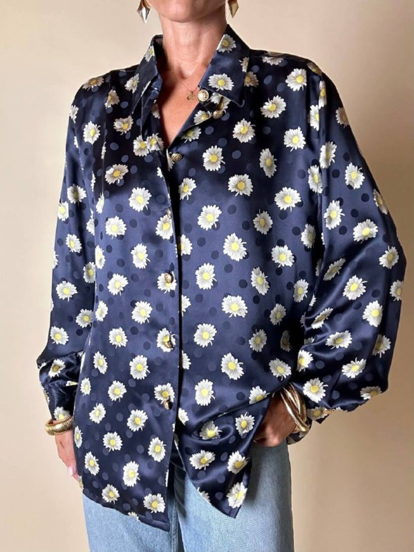 Camicia in raso di seta Jaquard blu notte fantasia margherite