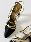 Sandali vintage Yves Saint Laurent in raso di seta nero e pelle laminata oro