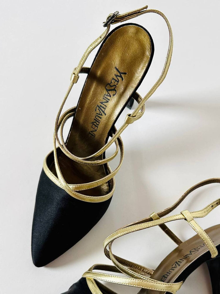 Sandali vintage Yves Saint Laurent in raso di seta nero e pelle laminata oro