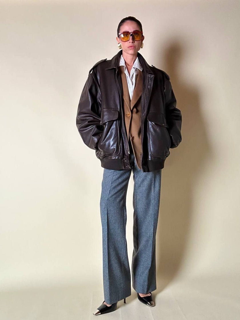 Bomber aviator oversize in pelle testa di moro