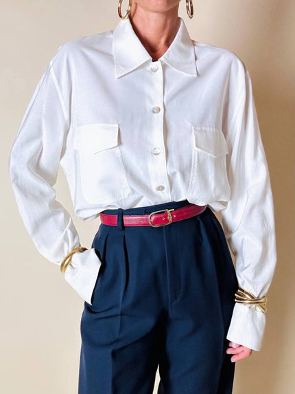 Camicia bianca Andrea Mare vintage in cotone con maxi tasche e bottoni in madreperla