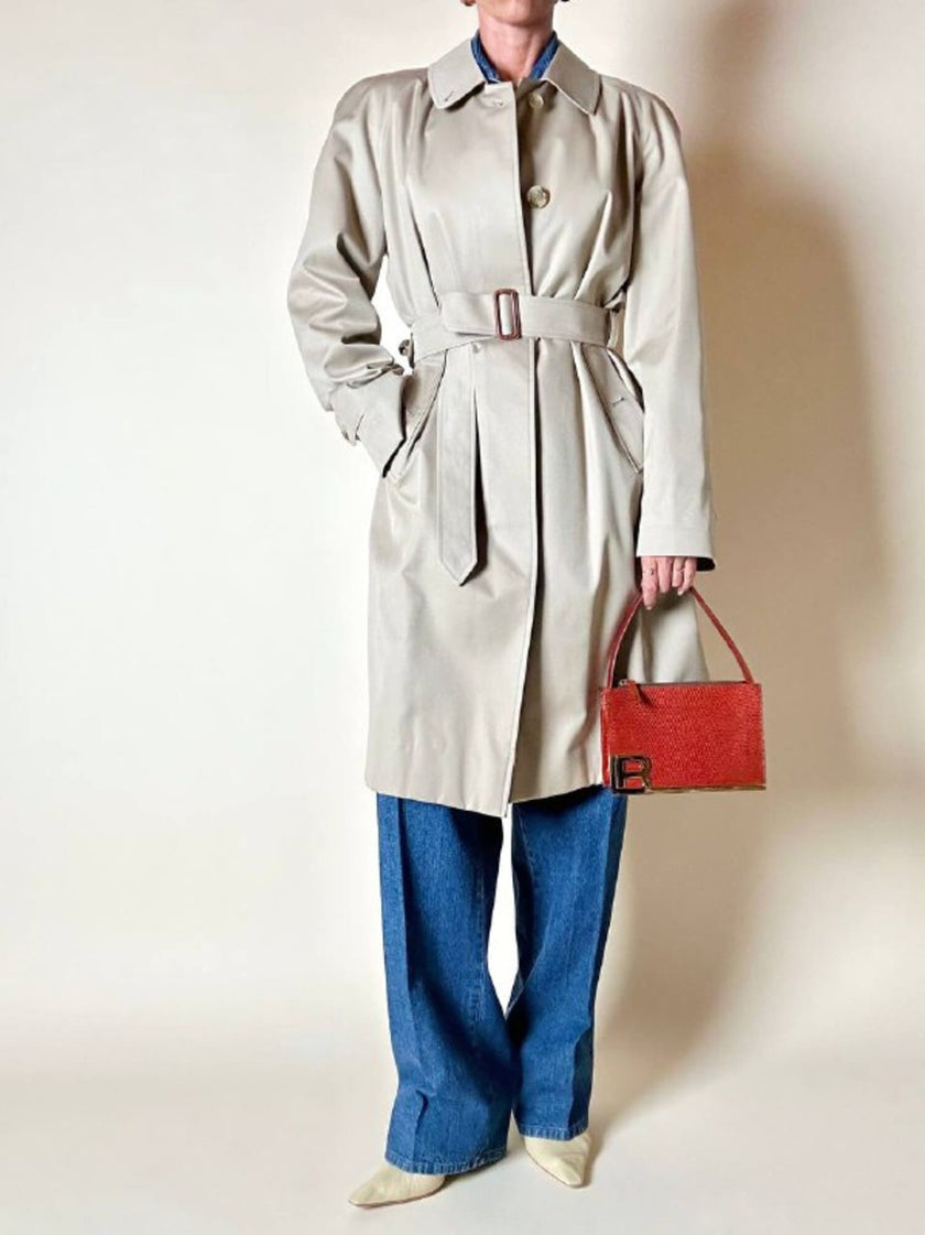 Vintage Burberry’s beige quill gabardine trench coat with matching belt and Check lining