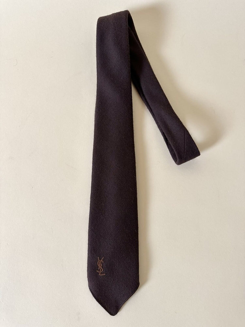 Cravatta Yves Saint Laurent vintage in lana marrone con logo ricamato