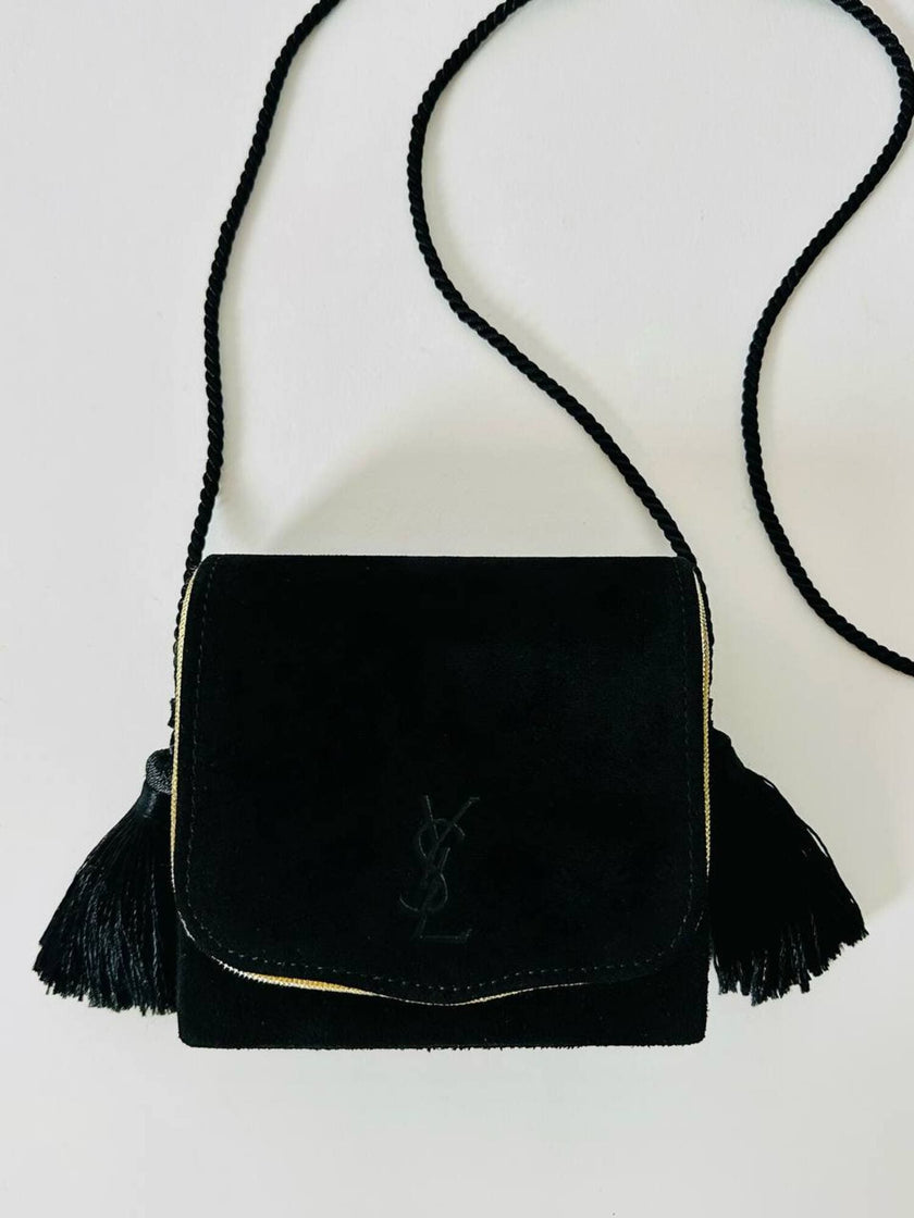Pochette Beauté vintage Yves Saint Laurent in camoscio nero con nappine e specchio