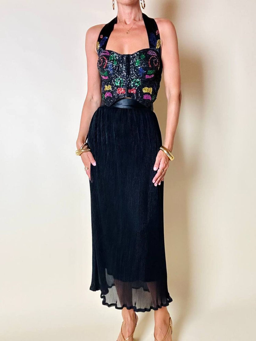 Schwarzes Satin-Bustier, bestickt mit schwarzen Pailletten mit mehrfarbigen Details