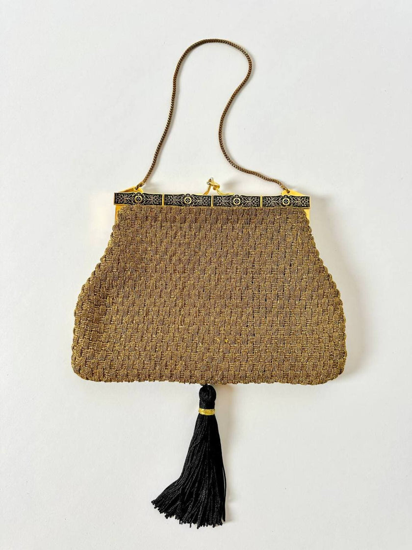 Borsa vintage Art Déco in lamé oro intrecciato con chiusura gioiello e nappa couture