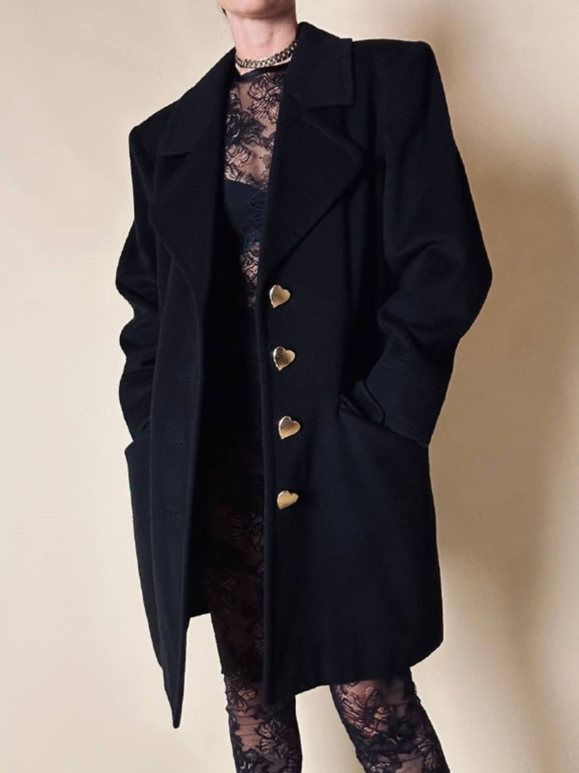 Vintage-Kurzmantel von Yves Saint Laurent aus schwarzer Wolle mit herzförmigen goldenen Knöpfen