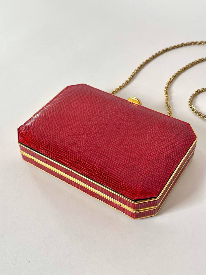Borsa vintage Sgargi forma ottagonale in lizard rossa con tracolla in catena
