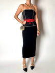 Bustier vintage Yves Saint Laurent en tissu noir agrémenté d'un galon serpentin en lamé doré