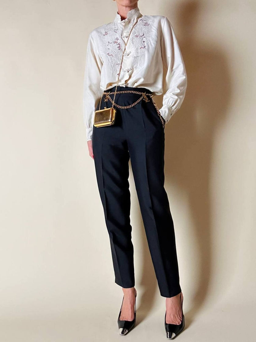 Pantalone vintage Gucci modello a vita alta con piega in seta nera