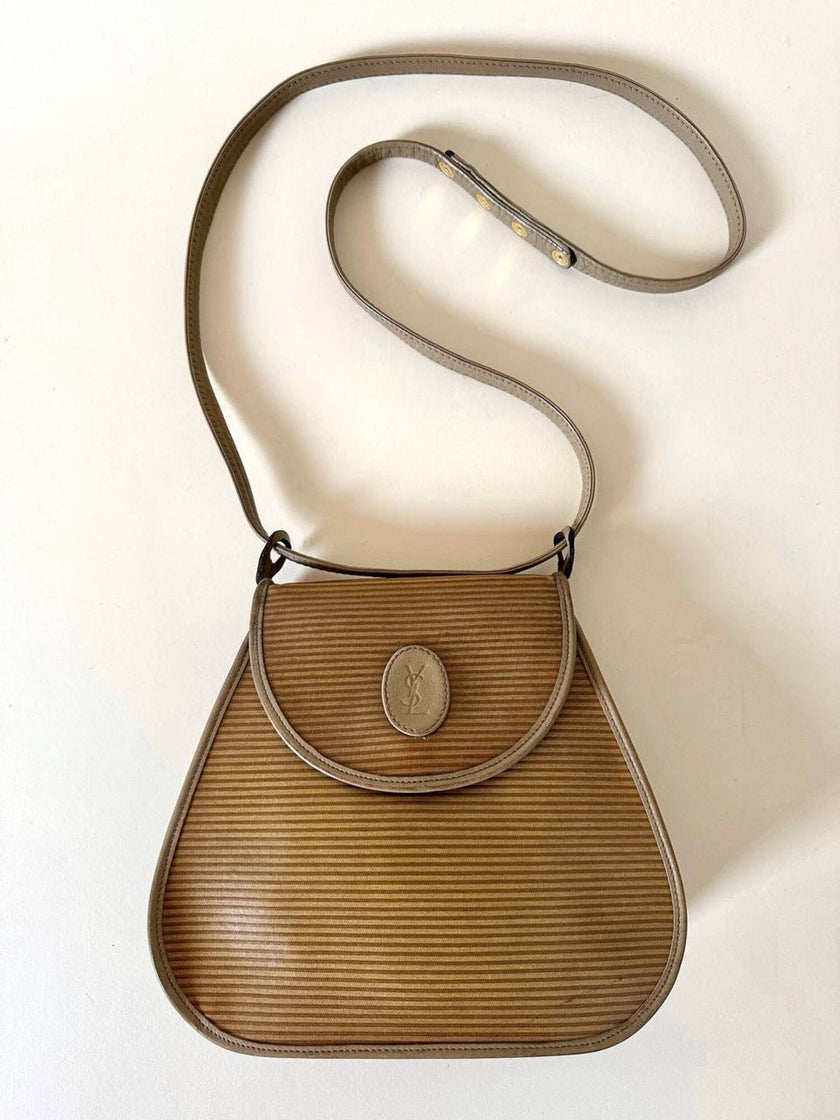 Borsa Yves Saint Laurent in tessuto plastificato millerighe color cammello con riporti in pelle argilla
