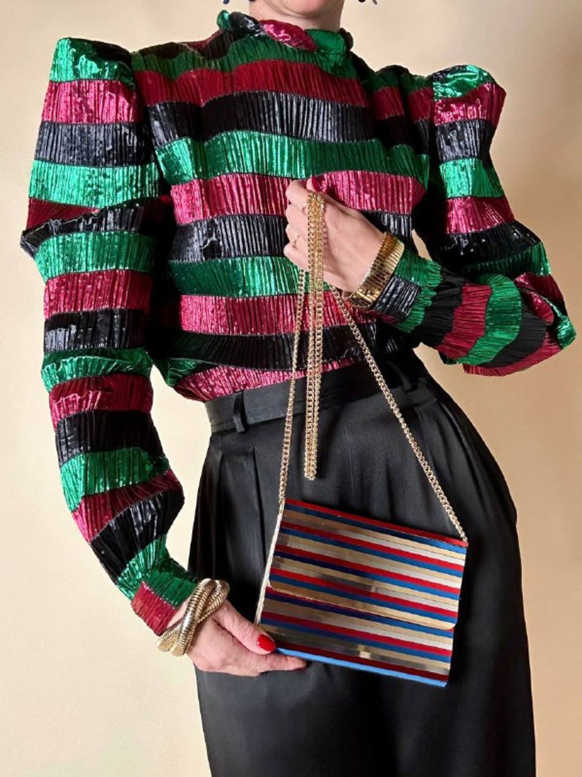 Pochette à lamelles miroirs multicolores avec bandoulière chaîne