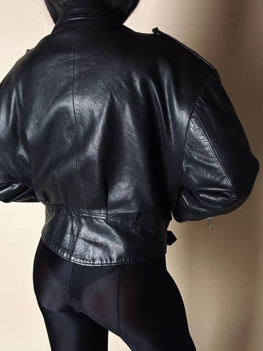 Giacca biker vintage in pelle nera ultra soft con fodera trapuntata in raso