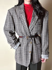 Blazer oversize in lana check beige e marrone con fodera fantasia uccellini
