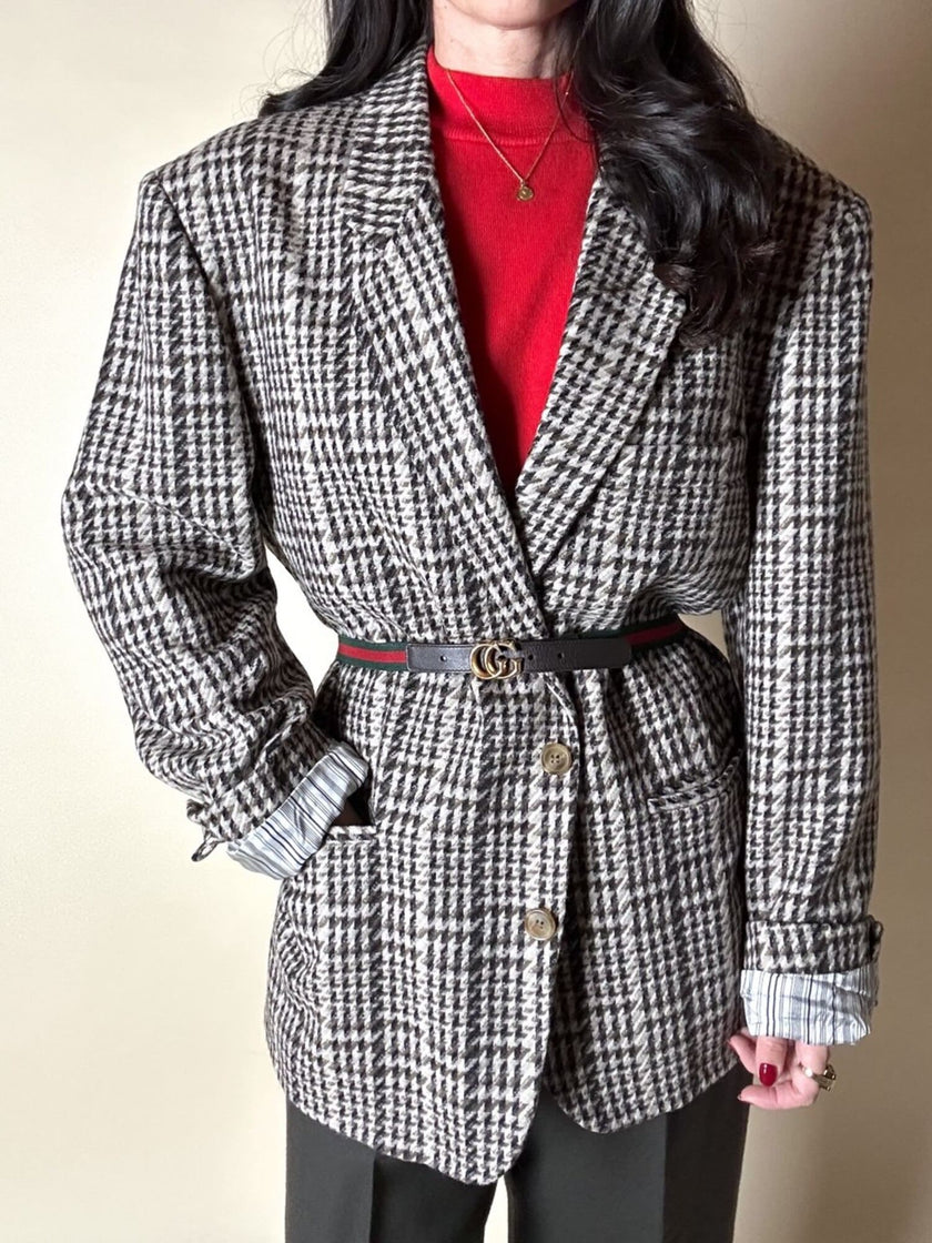Blazer oversize in lana check beige e marrone con fodera fantasia uccellini