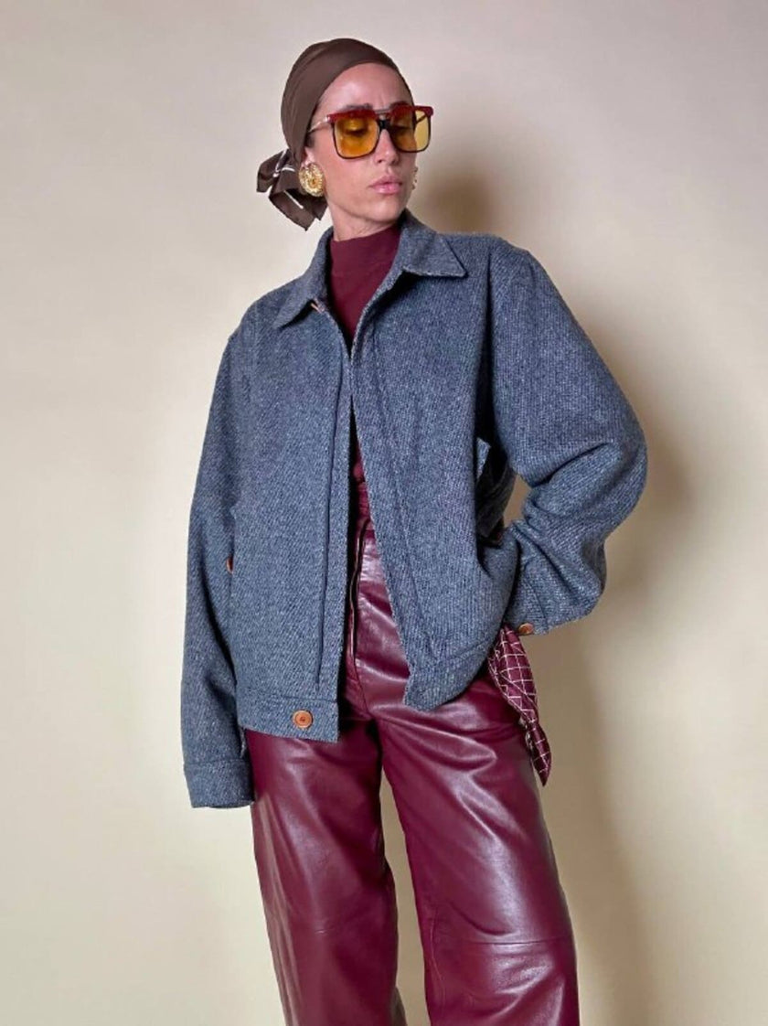 Bomber Yves Saint Laurent in lana grigio mélange con bottoni color cuoio
