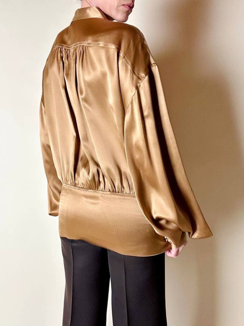 Blusa vintage Baila in seta bronzo con dettaglio gioiello nei polsi