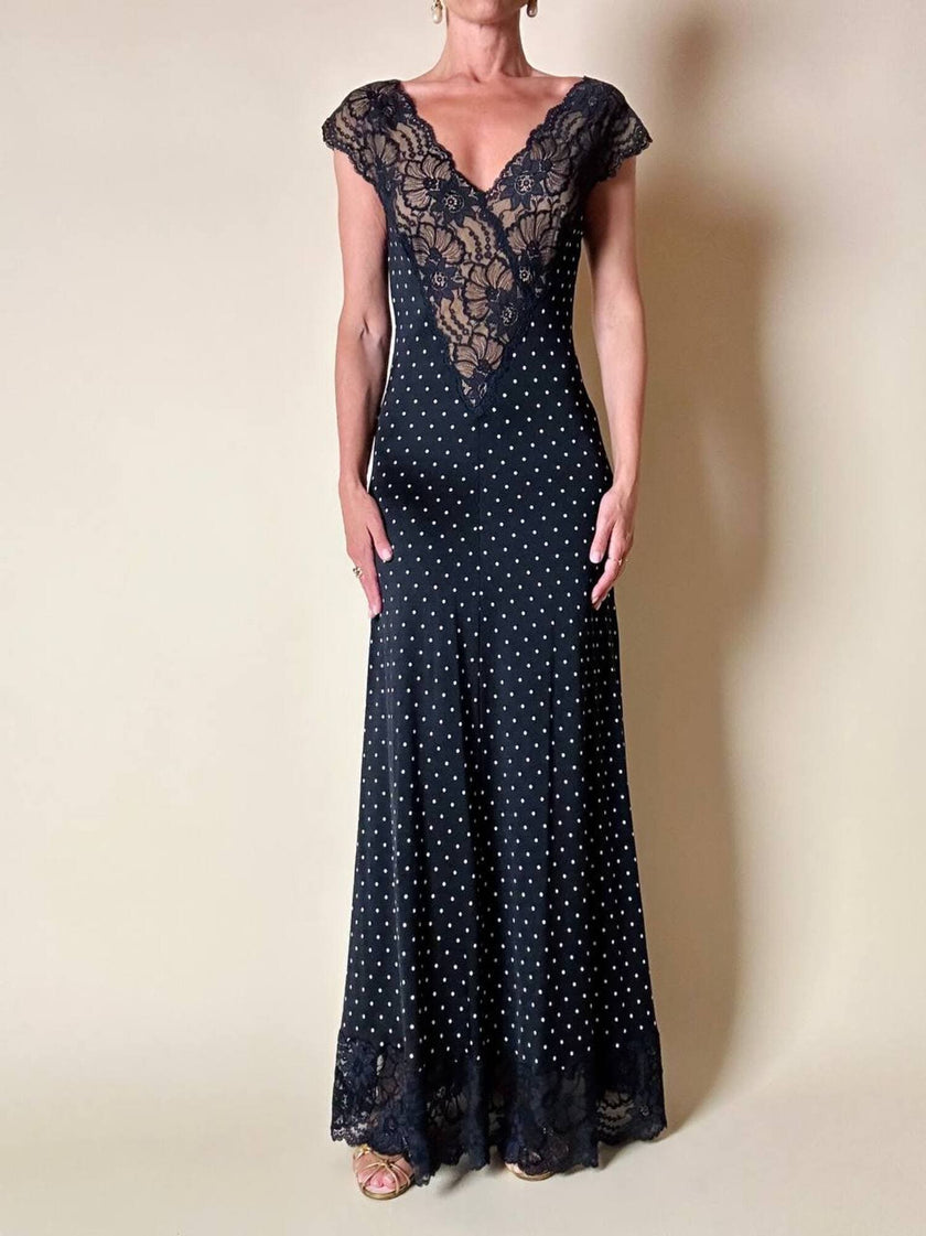 Abito lungo nero a pois bianchi con inserti in pizzo “La Perla”