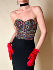 Bustier in paillettes multicolor e pizzo nero