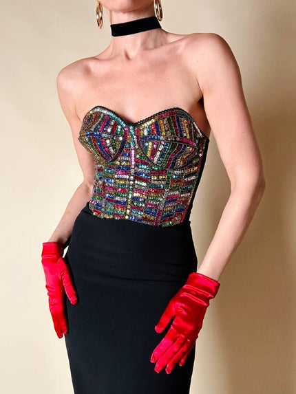 Bustier in paillettes multicolor e pizzo nero