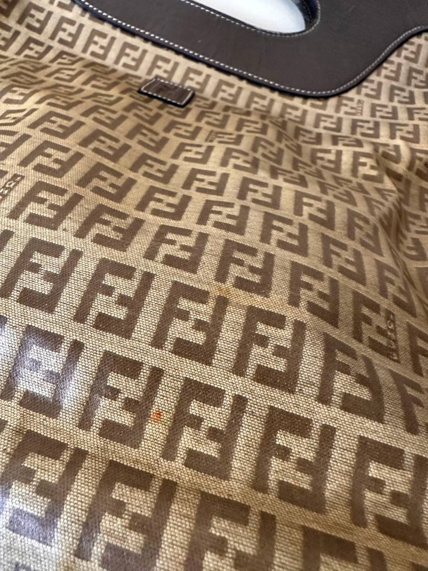 Tote bag vintage Fendi in tela monogram e marrone con finiture in pelle tortora
