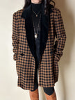 Blazer vintage Laurèl doppiopetto in lana bouclé pied-de-poule con riporti in velluto nero