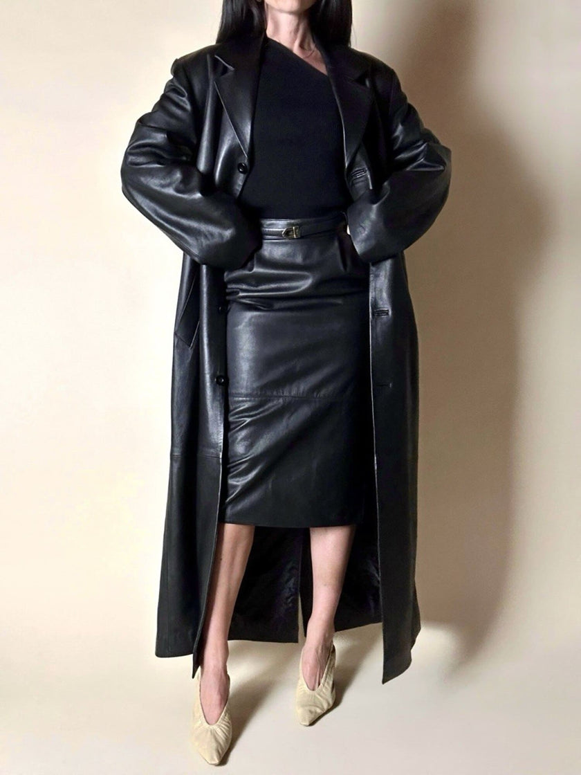 Maxi cappotto vintage in pelle nera Real Leather con fodera matelassé
