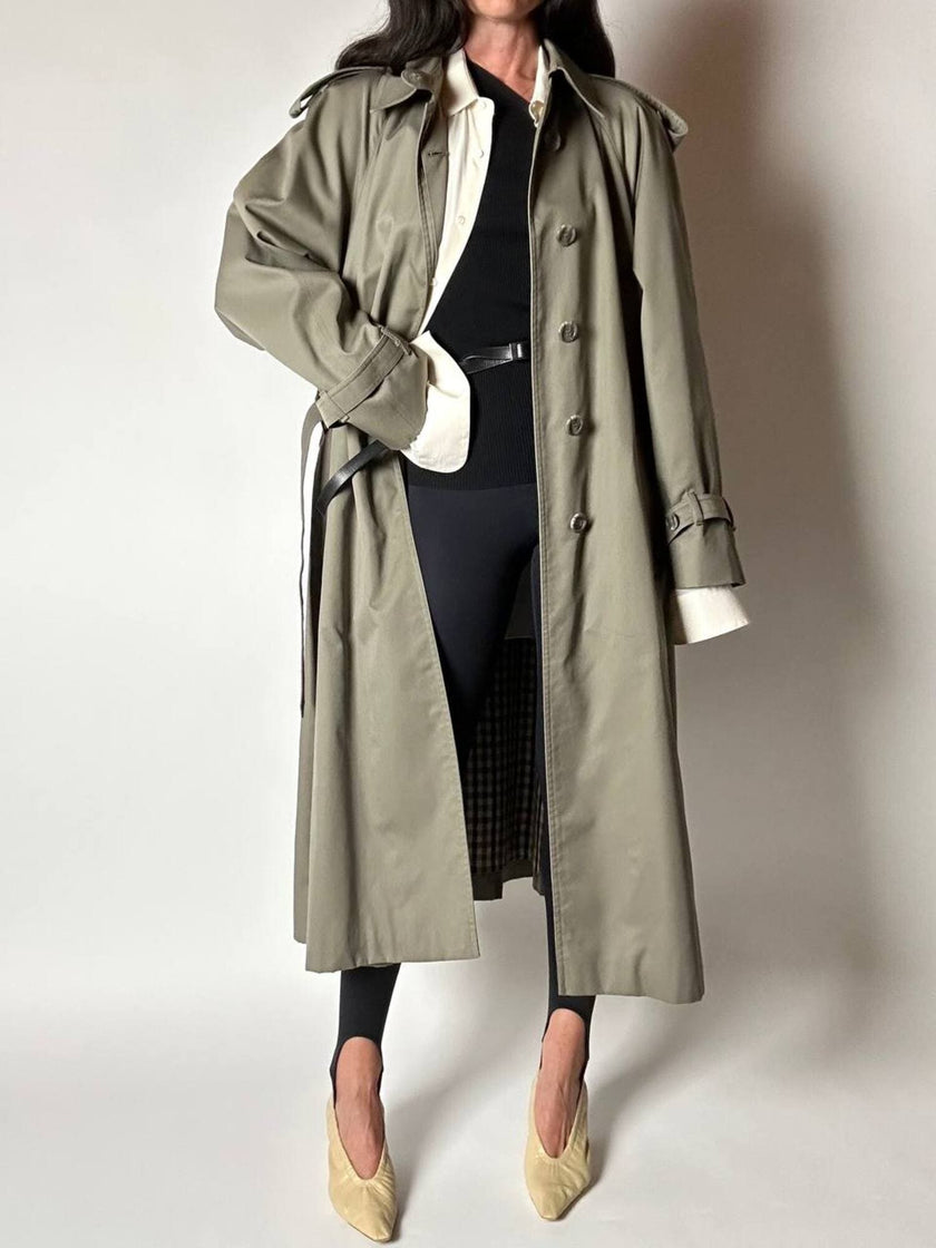 Vintage Aquascutum trench coat in khaki green gabardine with matching belt