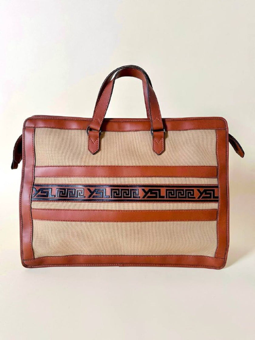 Borsa Yves Saint Laurent in canvas beige con profili color cuoio e motivo greca con logo