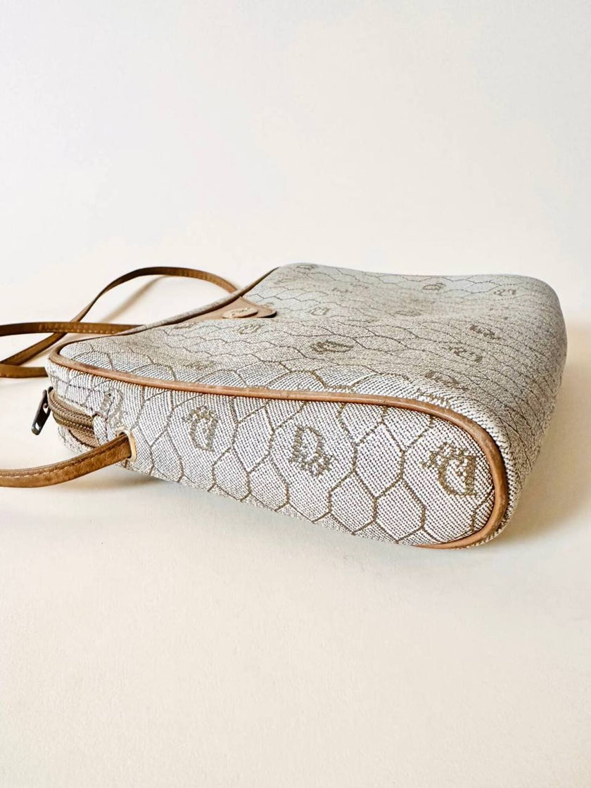 Borsa Christian Dior in tessuto jacquard logato beige con dettagli in pelle cuoio