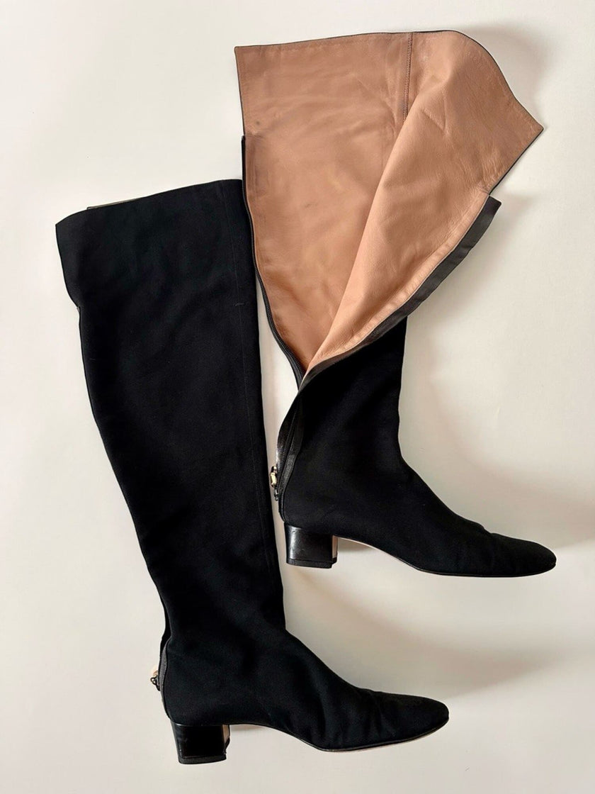Stivali cuissard vintage Gucci in canvas nero  con zip posteriore e dettaglio bambù