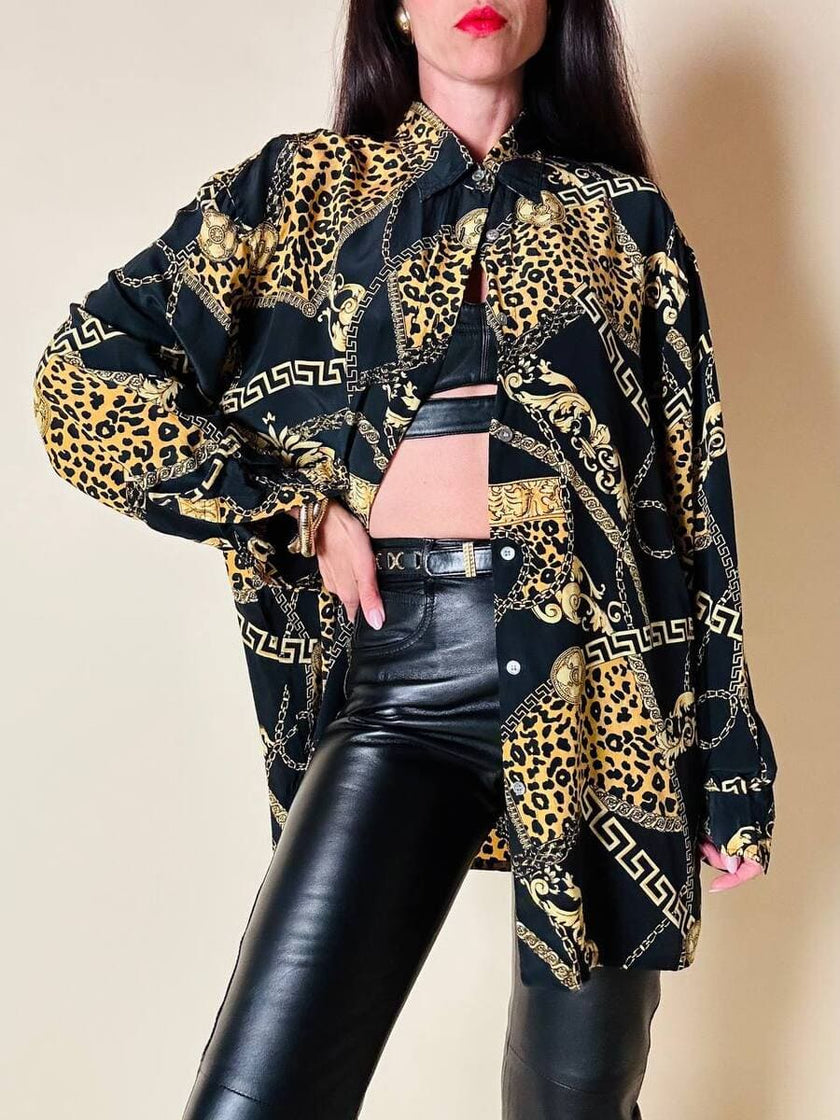Camicia in seta opaca nera fantasia barocca