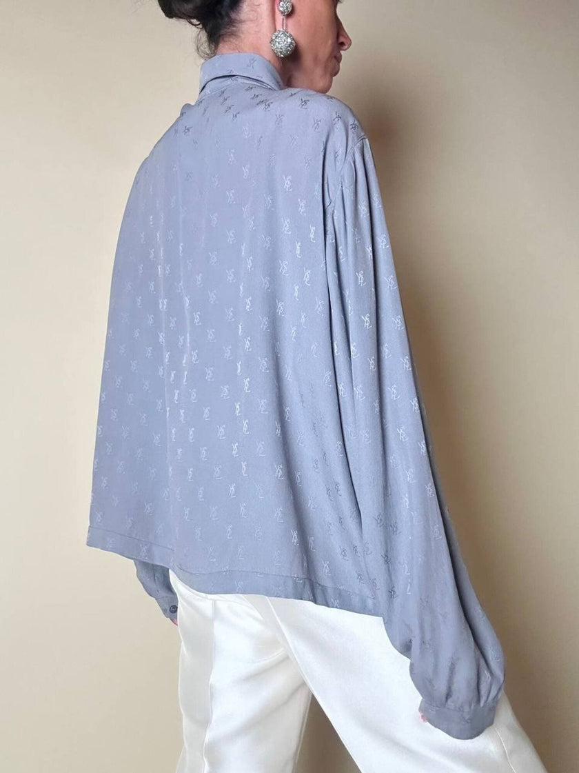 Camicia in seta Jacquard gray con logo YSL allover