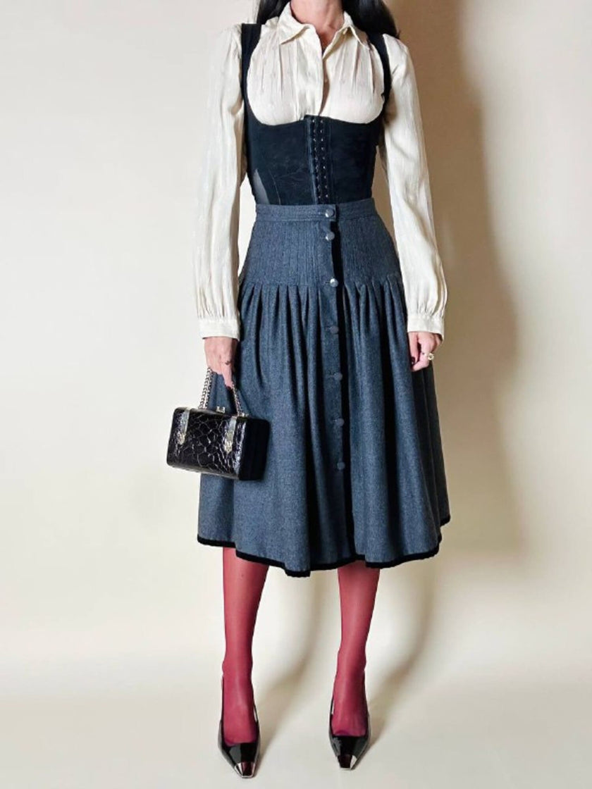 Gonna Fit and Flare Valentino Miss V in lana grigio antracite e velluto nero