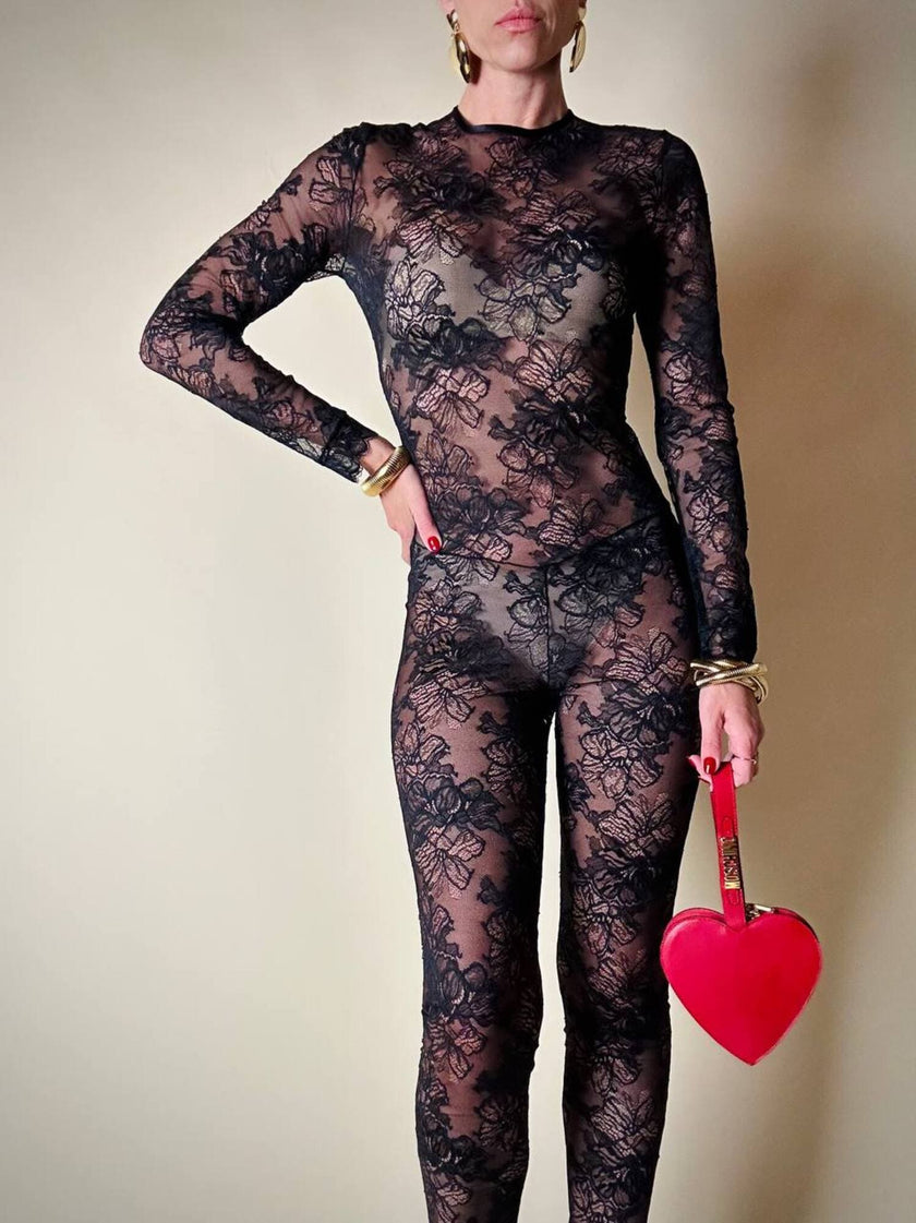 Jumpsuit con staffe in pizzo nero “La Perla”