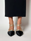 Sandali vintage Yves Saint Laurent in raso di seta nero e pelle laminata oro