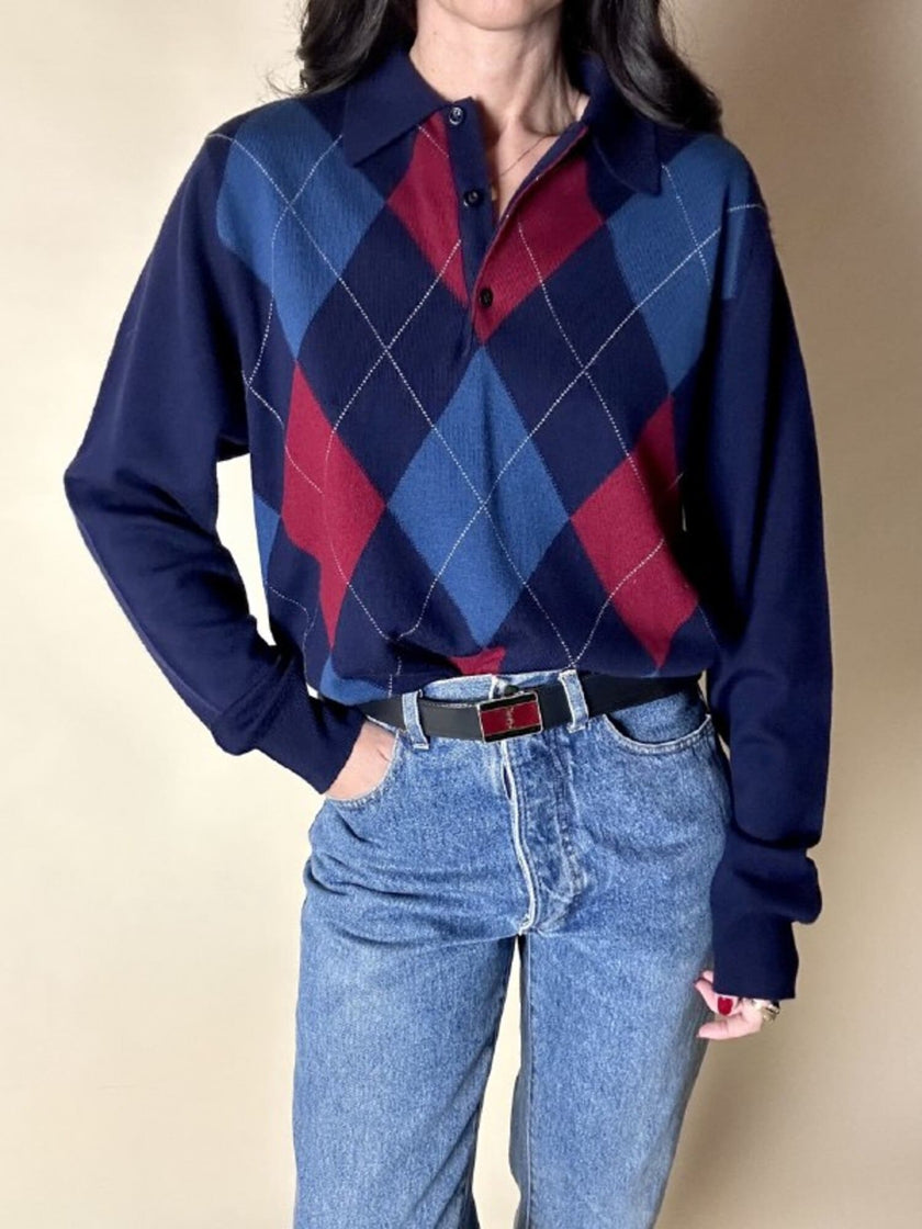 Pullover vintage fantasia Argyle blu notte avio e borgogna Verlana By Jon Smedley