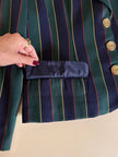 Witty Girl ensemble in bottle green and midnight blue vertical-striped wool jersey
