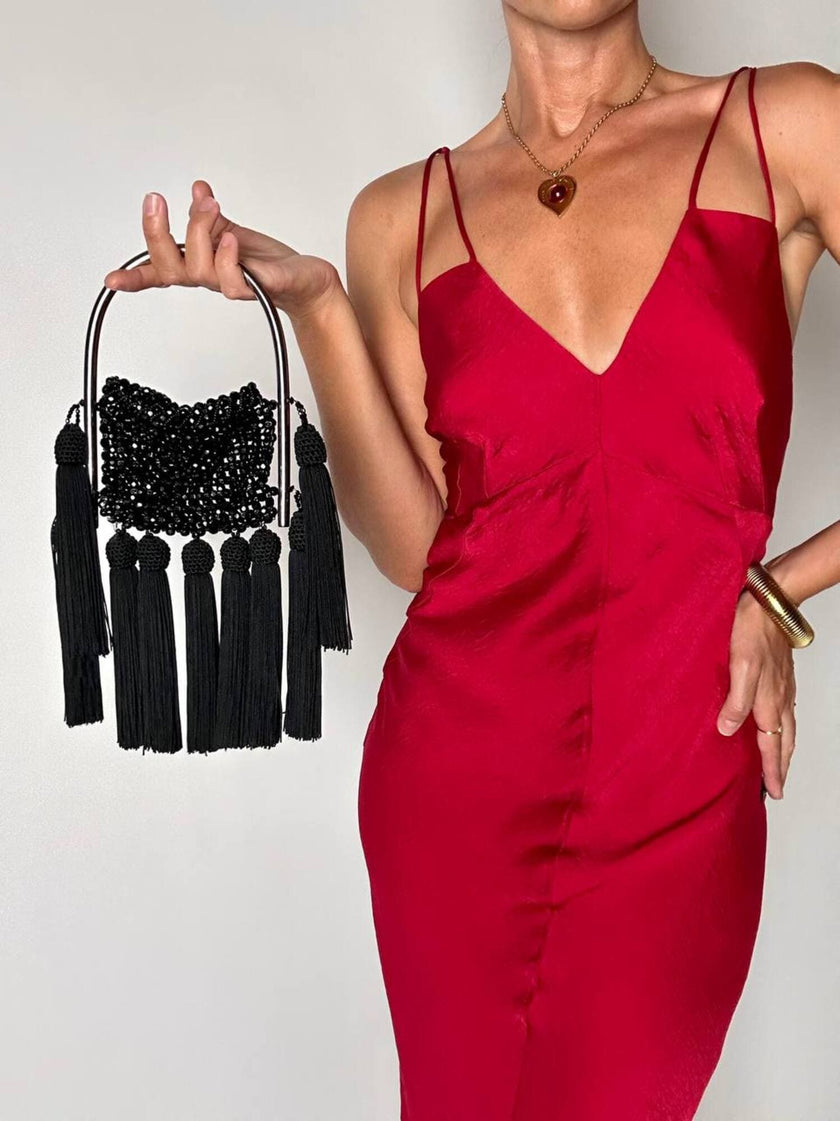 Borsa gioiello vintage in perline nere sfaccettate e maxi nappe couture