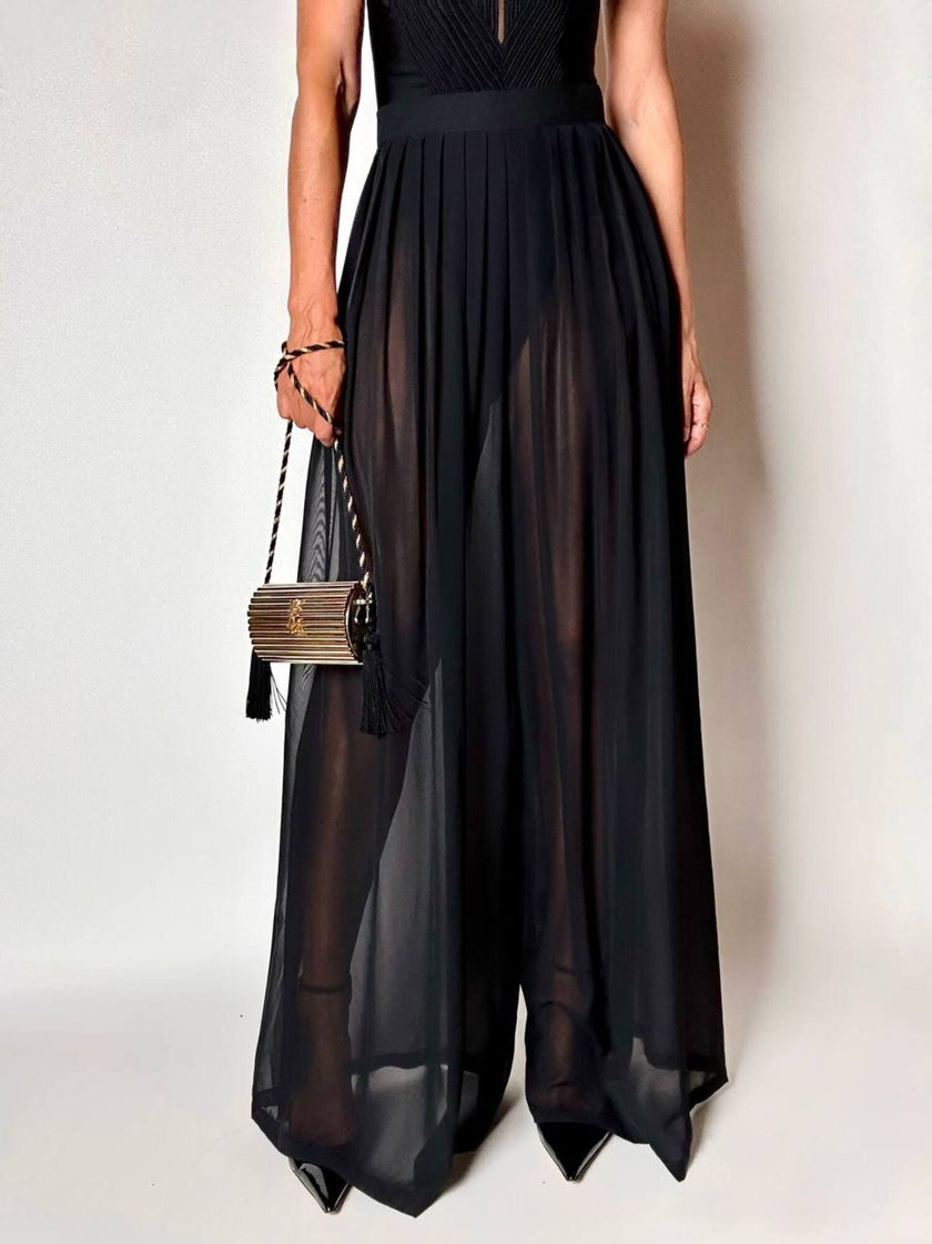 Schwarze Palazzo-Hose mit hoher Taille aus Voile