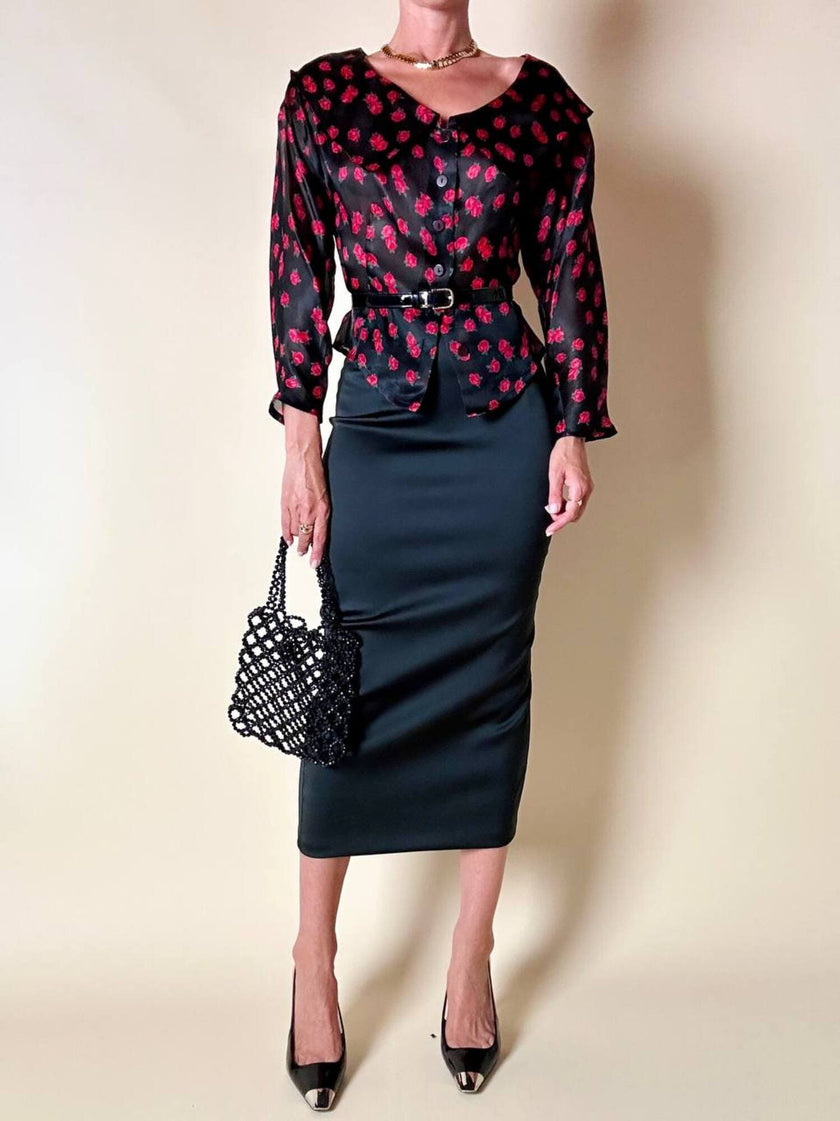 Camicia in organza nera fantasia rose rosse “Byblos”