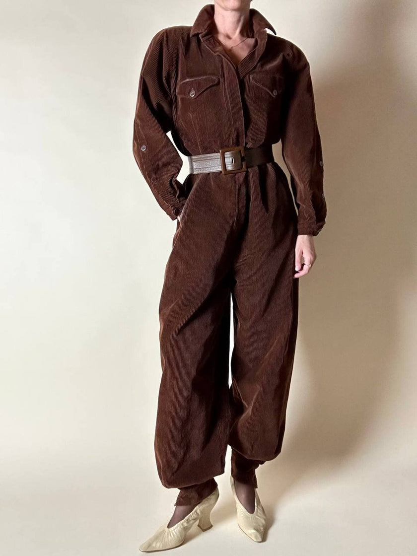 Combinaison vintage Complice en velours côtelé marron avec détails en cuir