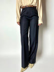 Pantalone vintage a palazzo blu notte gessato in pregiato fresco lana di Tasmania e seta