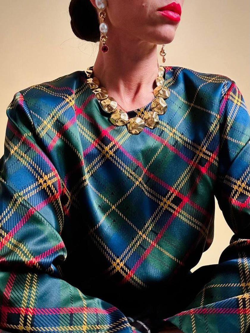 Blusa in raso di seta tartan 